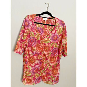 Johnny Was Jade Fabiola Jersey Floral Top 1x Mesh Short Sleeve Sweetheart